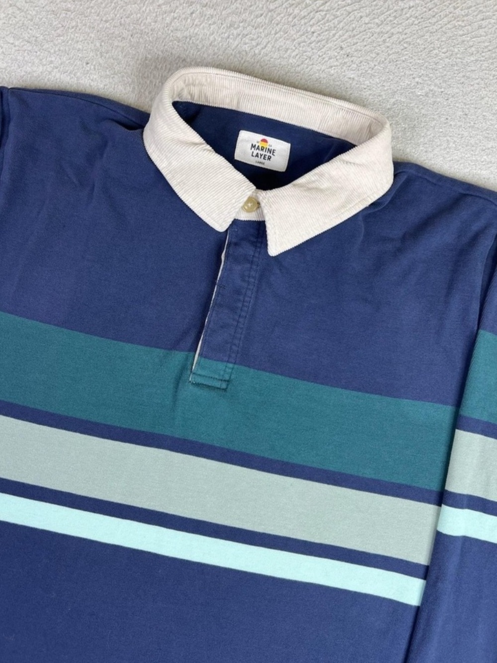 Marine Layer Rugby Polo Shirt Blue Striped Cotton Long Sleeve Casual Men’s Large - Picture 6 of 14